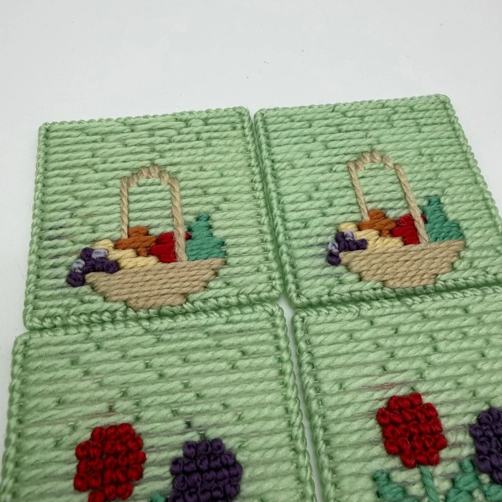 Handmade Needlepoint Coaster Set with Box‎ 8pc Mint Green Floral Vintage 4x4